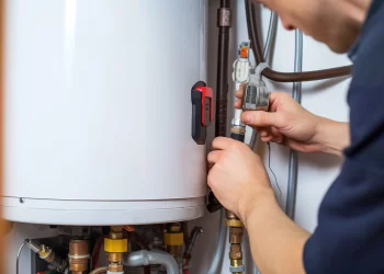 Plombier effectuant une maintenance sur un chauffe-eau